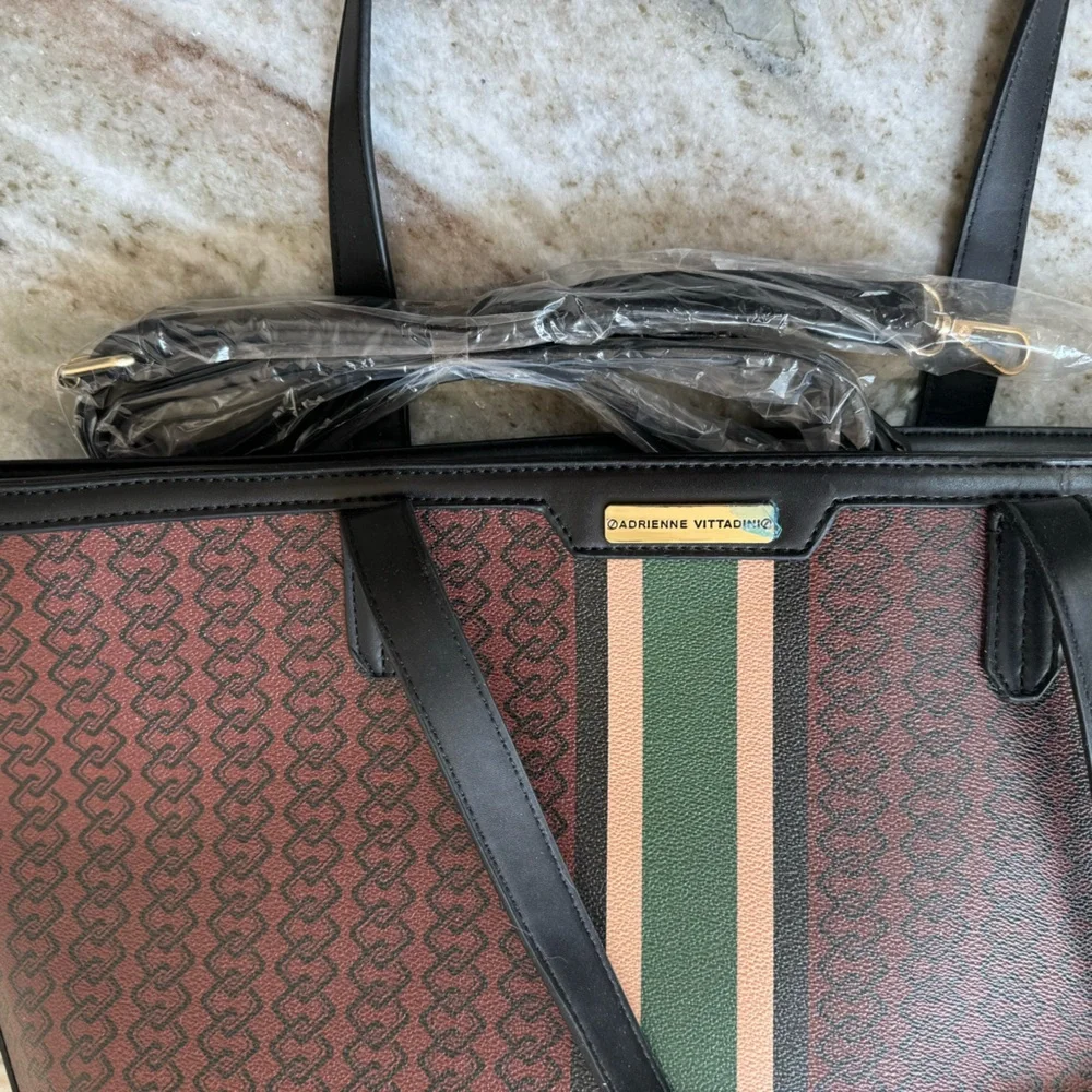 NWT!! Adrienne Vittadini Workbook Tote,Rich brown dark green/black/khaki stripe